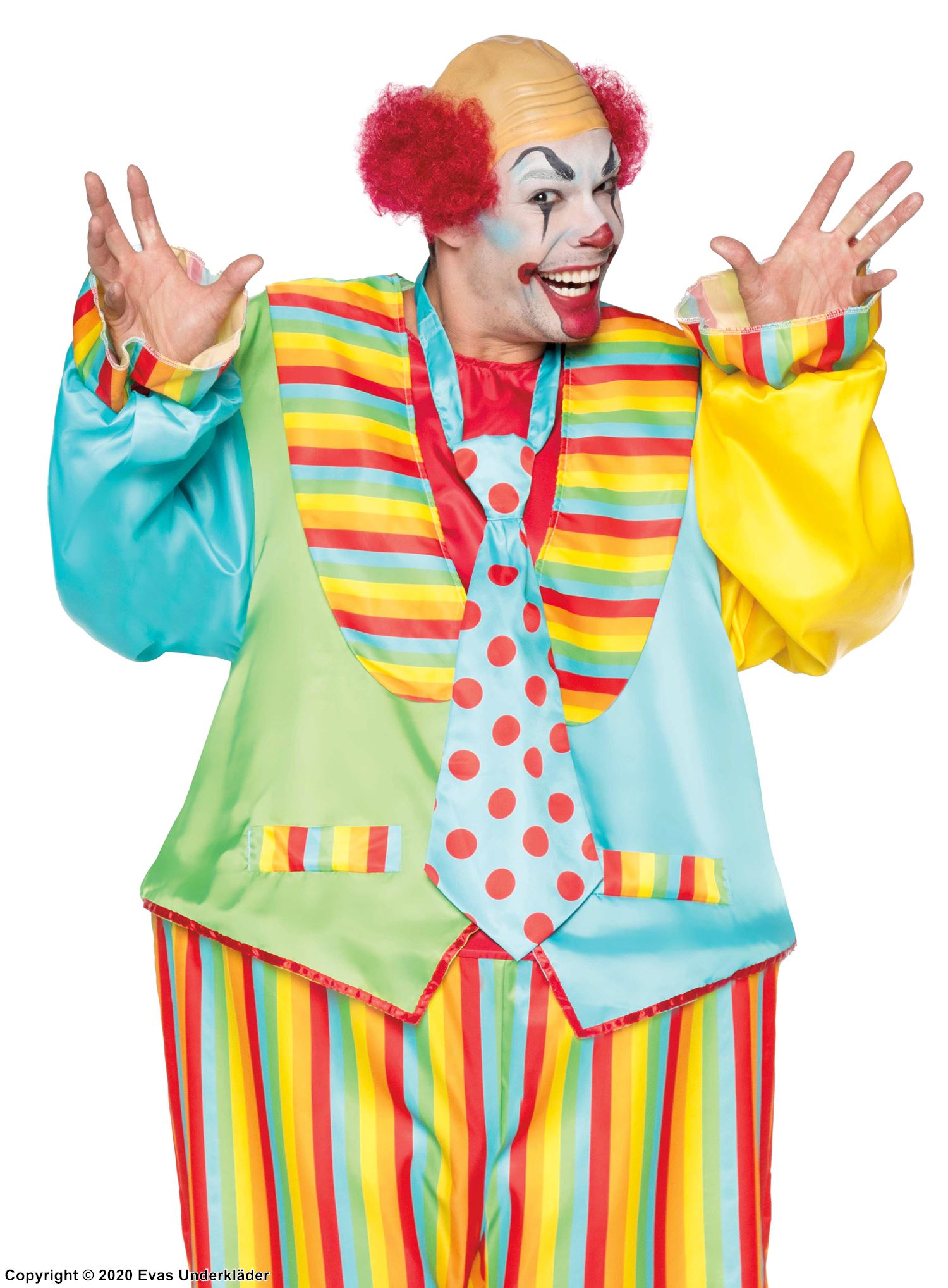 Circus clown, jumpsuit costume, tie, colorful stripes